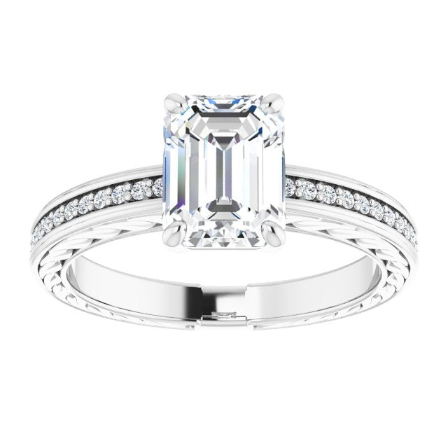 Cubic Zirconia Engagement Ring- The Angie (Customizable Radiant Cut Design with Rope-Filigree Hammered Inlay & Round Channel Accents)