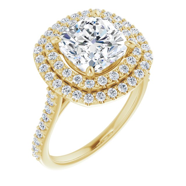 10K Yellow Gold Customizable Double-Halo Cushion Cut Design with Accented Split Band