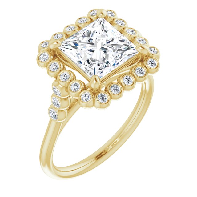 Cubic Zirconia Engagement Ring- The Chandni (Customizable Princess/Square Cut Cathedral-Style Clustered Halo Design with Round Bezel Accents)