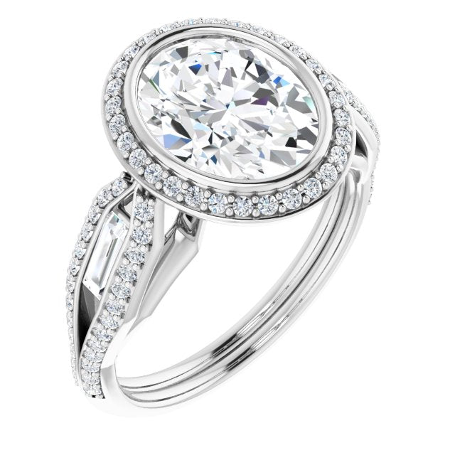 10K White Gold Customizable Cathedral-Bezel Oval Cut Design with Halo, Split-Pavé Band & Channel Baguettes