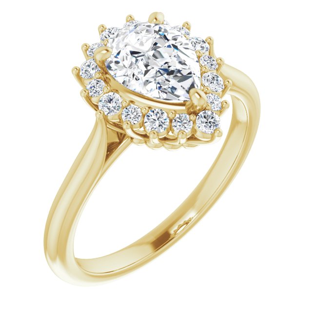 10K Yellow Gold Customizable Crown-Cathedral Pear Cut Design with Clustered Large-Accent Halo & Ultra-thin Band