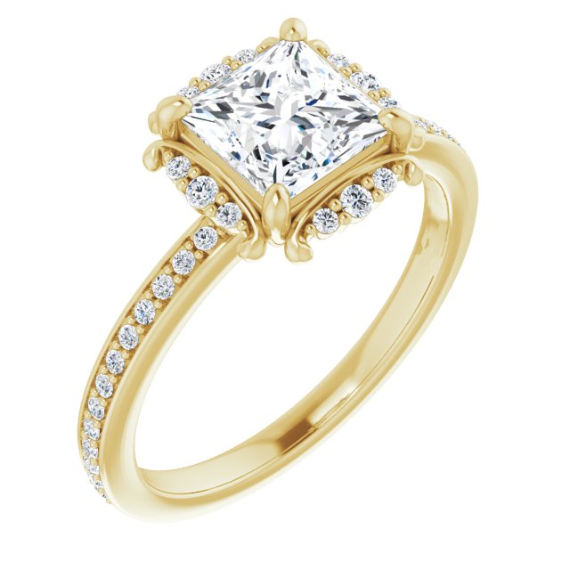 10K Yellow Gold Customizable Princess/Square Cut Style with Halo and Thin Shared Prong Band