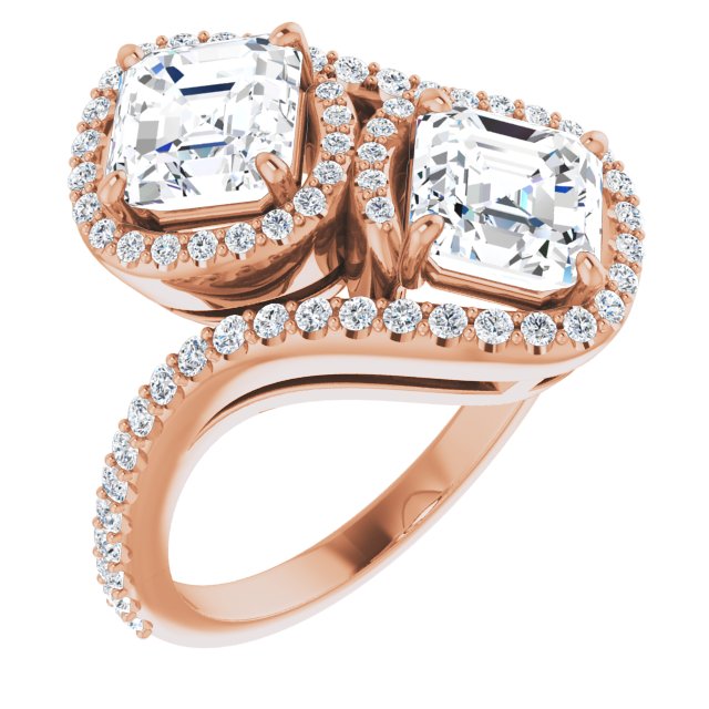 10K Rose Gold Customizable Double Asscher Cut 2-Stone Style Enhanced with Accented Artisan Bypass Band