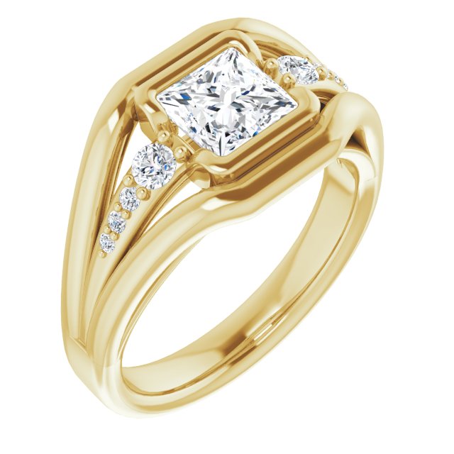 10K Yellow Gold Customizable 9-stone Princess/Square Cut Design with Bezel Center, Wide Band and Round Prong Side Stones