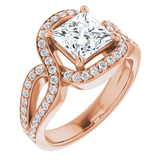 10K Rose Gold Customizable Princess/Square Cut Center with Infinity-inspired Split Shared Prong Band and Bypass Halo