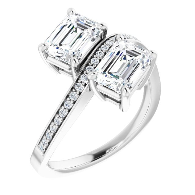 10K White Gold Customizable 2-stone Emerald/Radiant Cut Bypass Design with Thin Twisting Shared Prong Band
