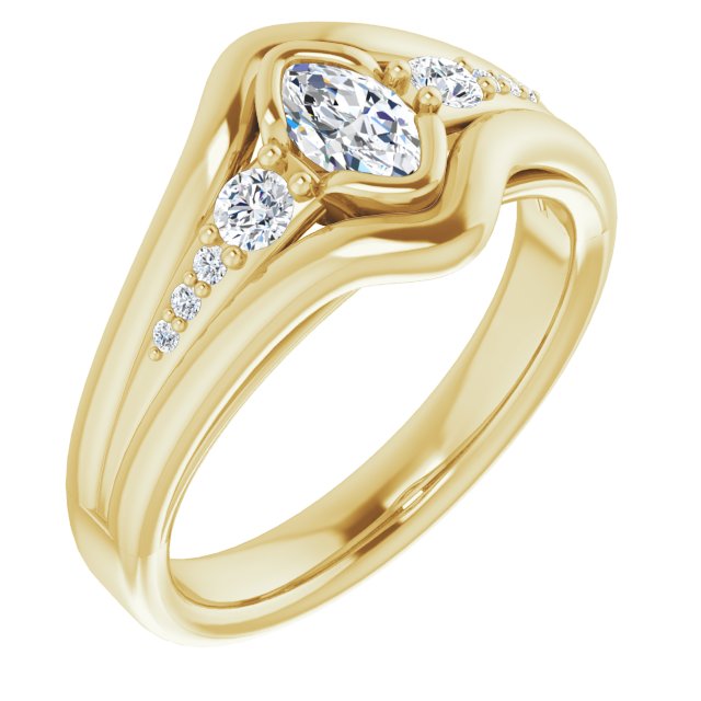 10K Yellow Gold Customizable 9-stone Marquise Cut Design with Bezel Center, Wide Band and Round Prong Side Stones