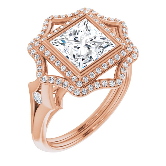 Cubic Zirconia Engagement Ring- The Cyra (Customizable Cathedral-bezel Princess/Square Cut Design with Floral Double Halo and Channel-Accented Split Band)