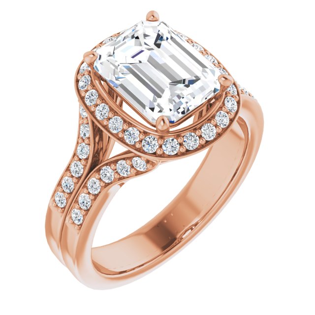 10K Rose Gold Customizable Emerald/Radiant Cut Halo Style with Accented Split-Band