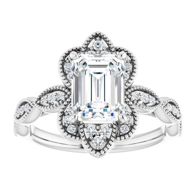 Cubic Zirconia Engagement Ring- The Huá (Customizable Cathedral-style Emerald Cut Design with Floral Segmented Halo & Milgrain+Accents Band)