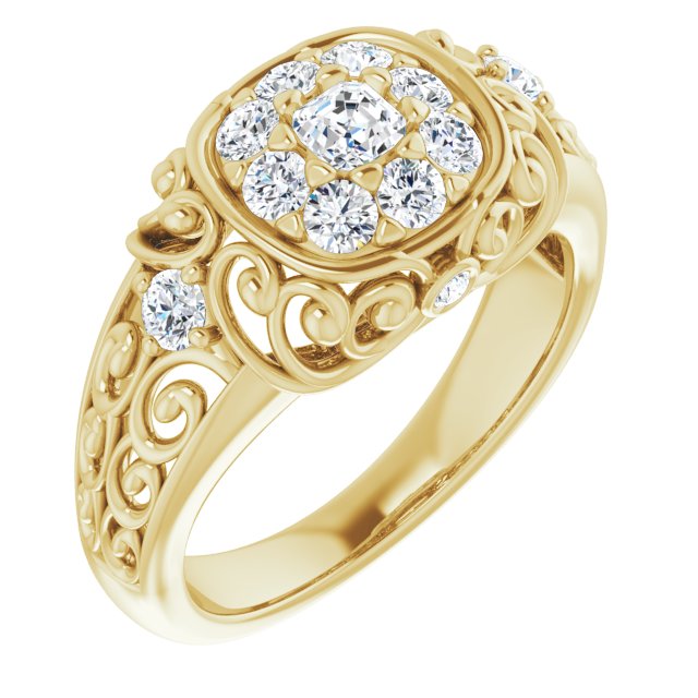 10K Yellow Gold Customizable Asscher Cut Halo Style with Round Prong Side Stones and Intricate Metalwork