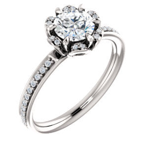 Cubic Zirconia Engagement Ring- The Rosie (Customizable Round Cut Style with Floral-Inspired Halo and Extra-Thin Pavé Band)