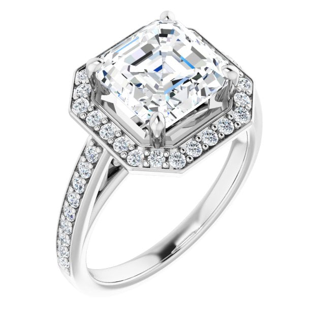 10K White Gold Customizable Asscher Cut Style with Halo and Sculptural Trellis