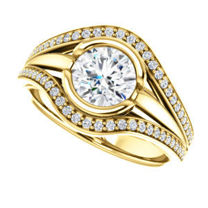 Cubic Zirconia Engagement Ring- The Magdalena Oha (Customizable Bezel-set Round Cut Style with Wide Tri-split Pavé Band)