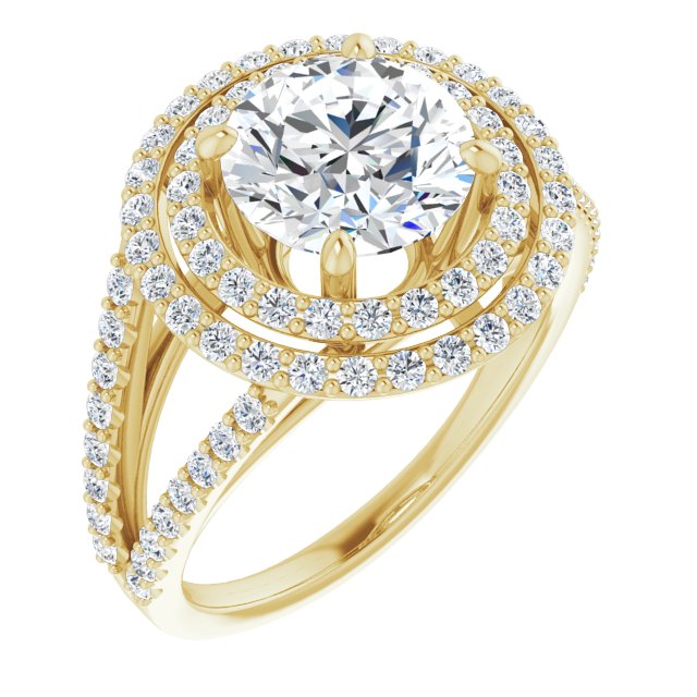 14K Yellow Gold Customizable Round Cut Design with Double Halo and Wide Split-Pavé Band