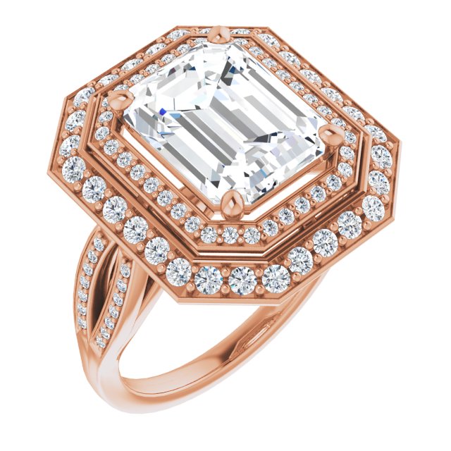 10K Rose Gold Customizable Cathedral-style Emerald/Radiant Cut Design with Double Halo & Split-Pavé Band