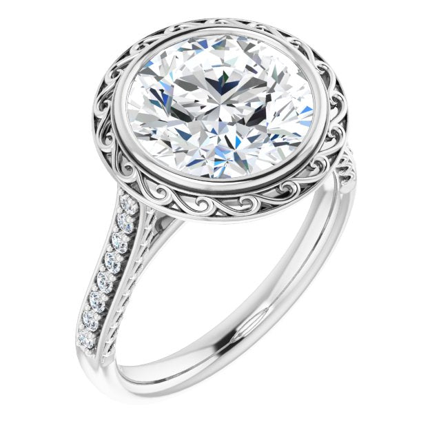 10K White Gold Customizable Cathedral-Bezel Round Cut Design featuring Accented Band with Filigree Inlay
