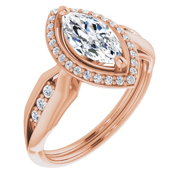 10K Rose Gold Customizable Cathedral-raised Marquise Cut Design with Halo and Tri-Cluster Band Accents