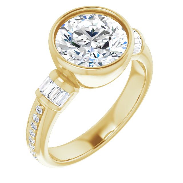 10K Yellow Gold Customizable Cathedral-Bezel Round Cut Style with Horizontal Baguettes & Shared Prong Band