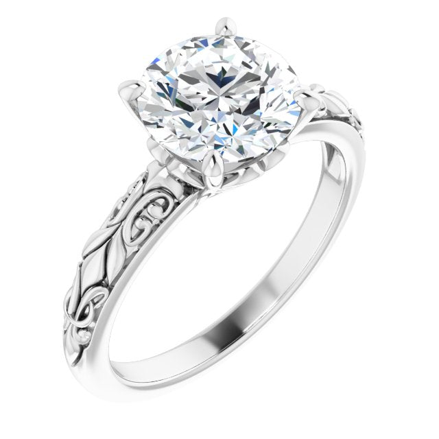 14K White Gold Customizable Round Cut Solitaire featuring Delicate Metal Scrollwork