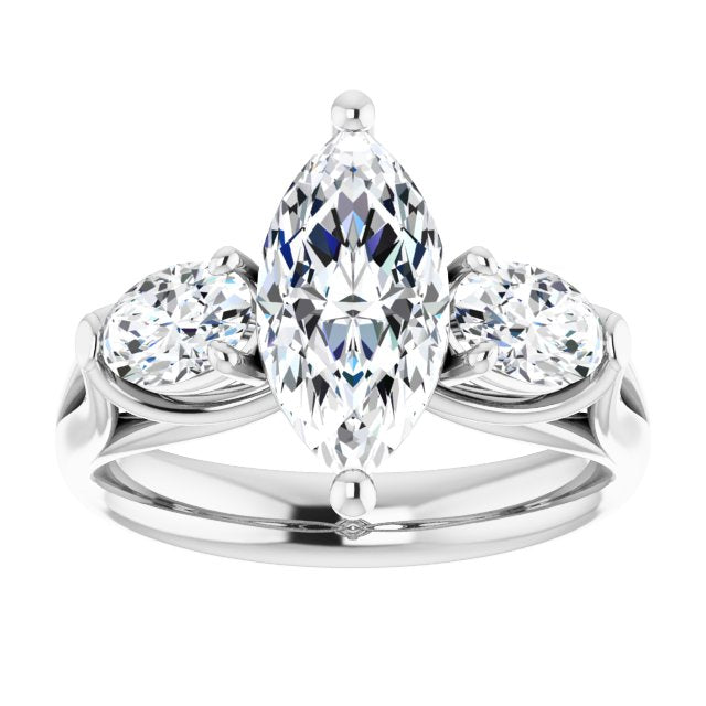 Cubic Zirconia Engagement Ring- The Alondra (Customizable Cathedral-set 3-stone Marquise Cut Style with Dual Oval Cut Accents & Wide Split Band)