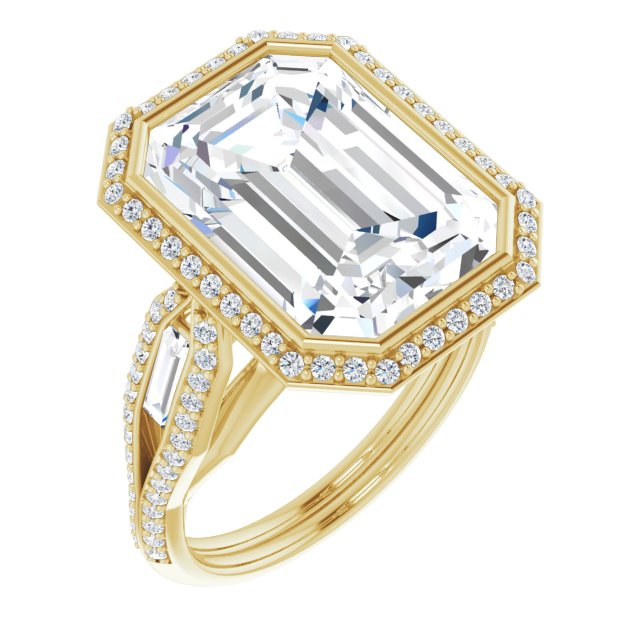 10K Yellow Gold Customizable Cathedral-Bezel Emerald/Radiant Cut Design with Halo, Split-Pavé Band & Channel Baguettes