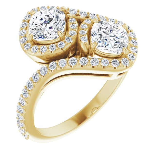 10K Yellow Gold Customizable Double Cushion Cut 2-Stone Style Enhanced with Accented Artisan Bypass Band