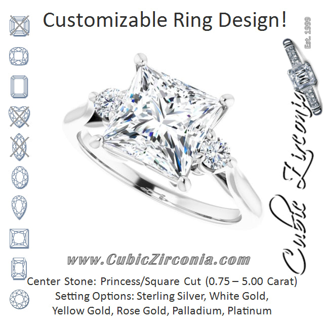 Cubic Zirconia Engagement Ring- The Malena (Customizable Three-stone Princess/Square Cut Design with Small Round Accents and Vintage Trellis/Basket)