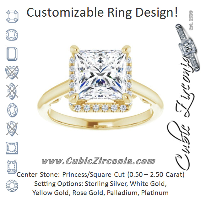 Cubic Zirconia Engagement Ring- The Honesty (Customizable Cathedral-Halo Princess/Square Cut Style featuring Sculptural Trellis)