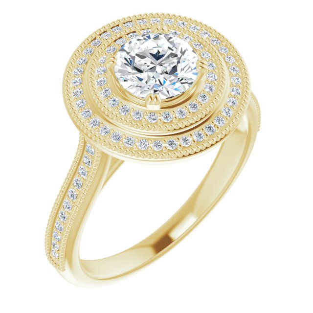 10K Yellow Gold Customizable Round Cut Design with Elegant Double Halo, Houndstooth Milgrain and Band-Channel Accents