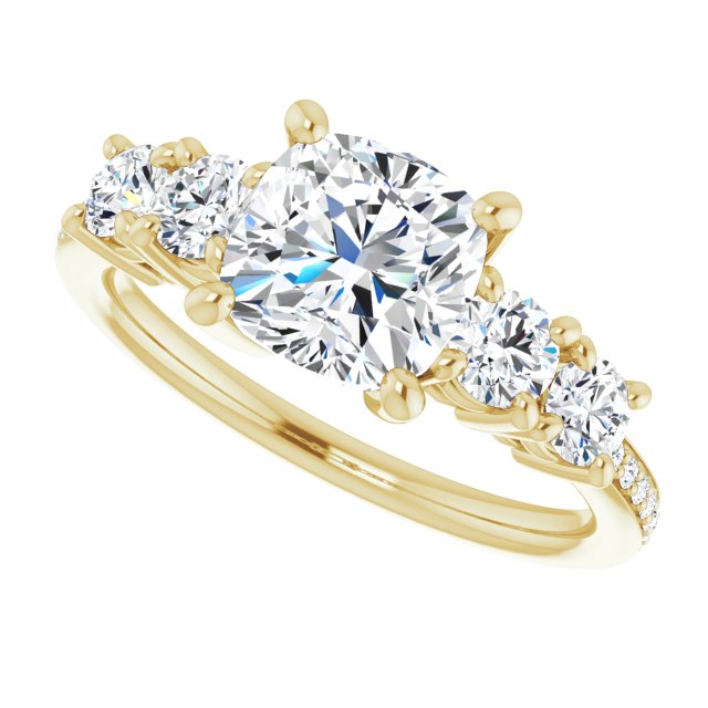 Cubic Zirconia Engagement Ring- The Denae (Customizable 5-stone Cushion Cut Design Enhanced with Accented Band)