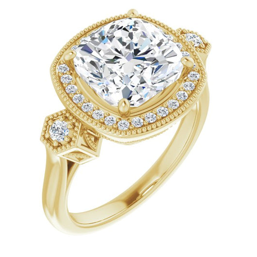 10K Yellow Gold Customizable Cathedral Cushion Cut Design with Halo and Delicate Milgrain
