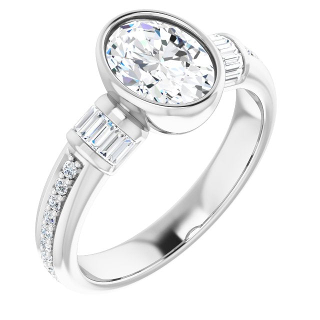 Cubic Zirconia Engagement Ring- The Danna (Customizable Cathedral-Bezel Oval Cut Style with Horizontal Baguettes & Shared Prong Band)