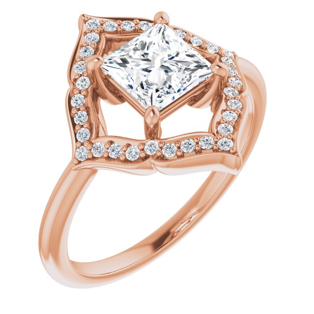 10K Rose Gold Customizable Princess/Square Cut Style with Artistic Equilateral Halo and Ultra-thin Band