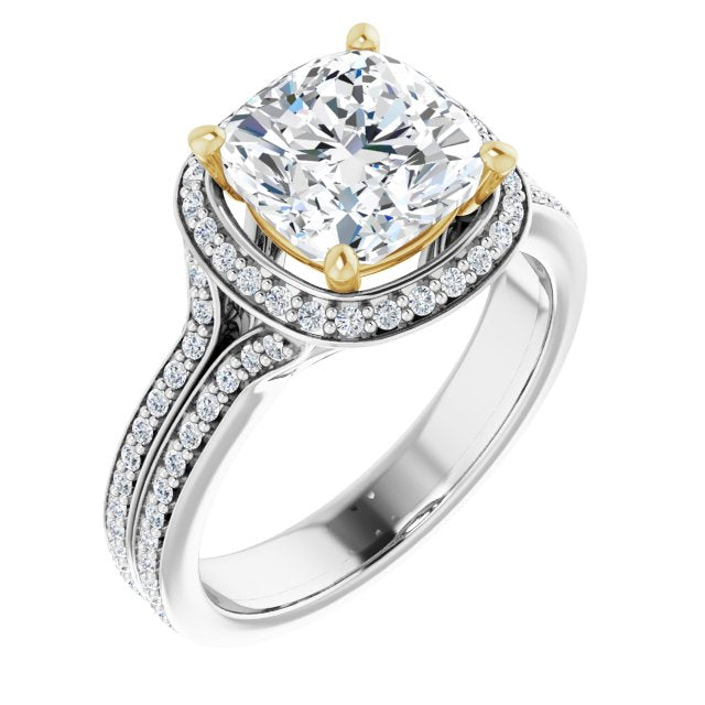 14K White & Yellow Gold Customizable Cathedral-raised Cushion Cut Setting with Halo and Shared Prong Band