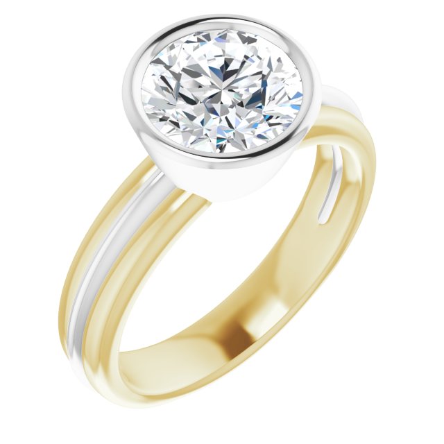 14K Yellow & White Gold Customizable Bezel-set Round Cut Solitaire with Grooved Band