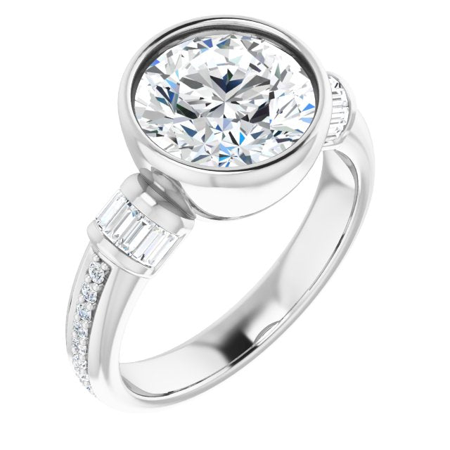 14K White Gold Customizable Cathedral-Bezel Round Cut Style with Horizontal Baguettes & Shared Prong Band