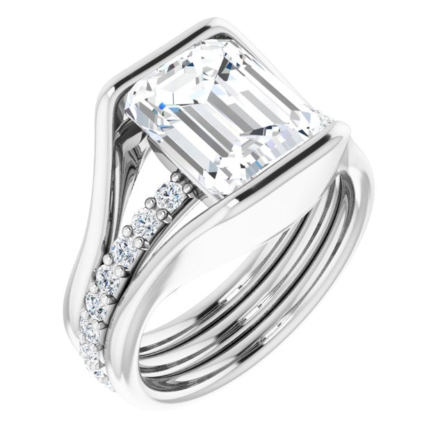 10K White Gold Customizable Bezel-set Emerald/Radiant Cut Style with Thick Pavé Band