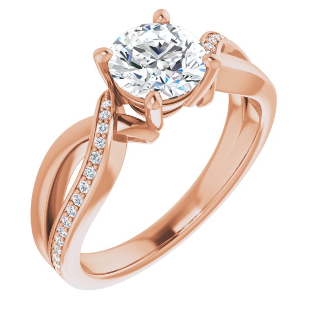 10K Rose Gold Customizable Round Cut Center with Curving Split-Band featuring One Shared Prong Leg