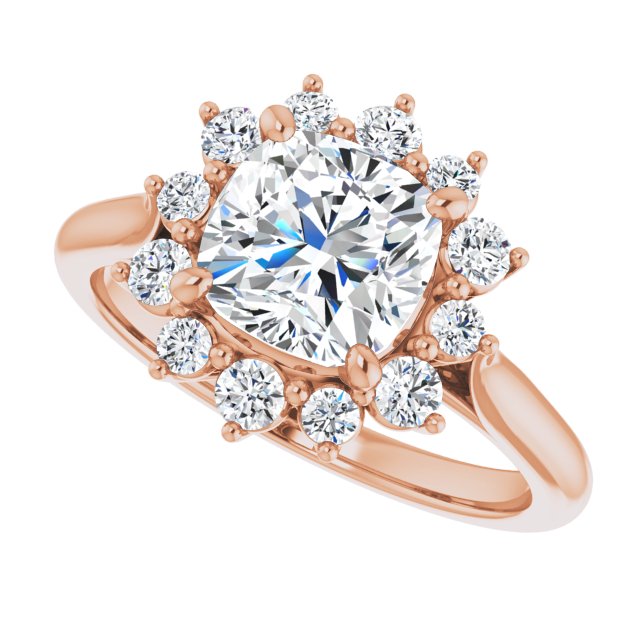 Cubic Zirconia Engagement Ring- The Honoka (Customizable Crown-Cathedral Cushion Cut Design with Clustered Large-Accent Halo & Ultra-thin Band)