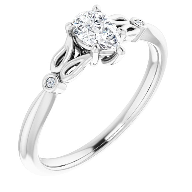 10K White Gold Customizable 3-stone Pear Cut Design with Thin Band and Twin Round Bezel Side Stones