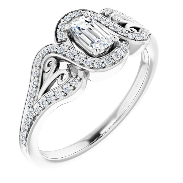 10K White Gold Customizable Emerald/Radiant Cut Design with Bypass Halo and Split-Shared Prong Band