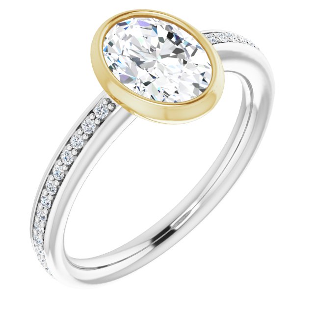 14K White & Yellow Gold Customizable Bezel-Set Oval Cut Center with Thin Shared Prong Band