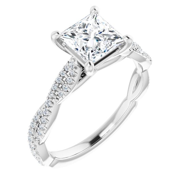 10K White Gold Customizable Princess/Square Cut Style with Thin and Twisted Micropavé Band