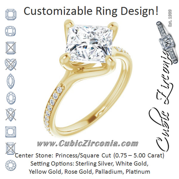 Cubic Zirconia Engagement Ring- The Ashanti (Customizable Princess/Square Cut Design featuring Thin Band and Shared-Prong Round Accents)