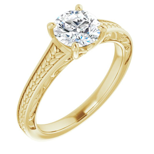 10K Yellow Gold Customizable Round Cut Solitaire with Organic Textured Band and Decorative Prong Basket