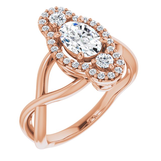 10K Rose Gold Customizable Vertical 3-stone Oval Cut Design Enhanced with Multi-Halo Accents and Twisted Band
