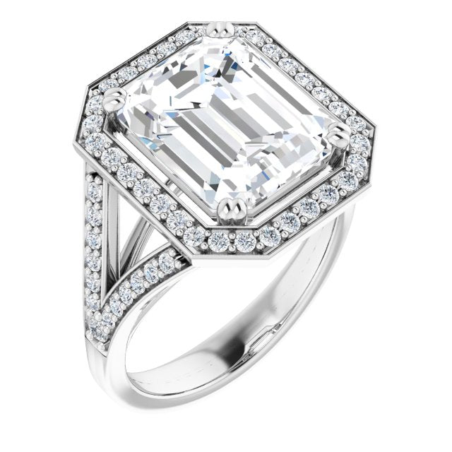 10K White Gold Customizable Cathedral-set Emerald/Radiant Cut Style with Accented Split Band and Halo