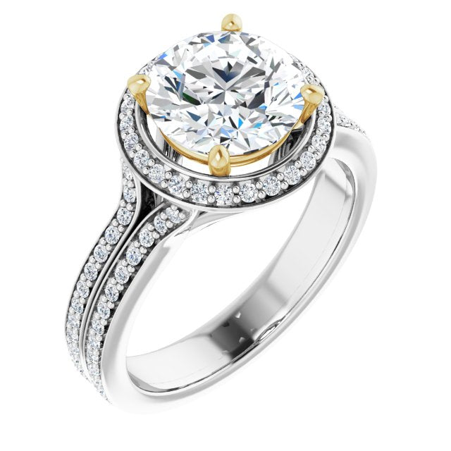 14K White & Yellow Gold Customizable Cathedral-raised Round Cut Setting with Halo and Shared Prong Band