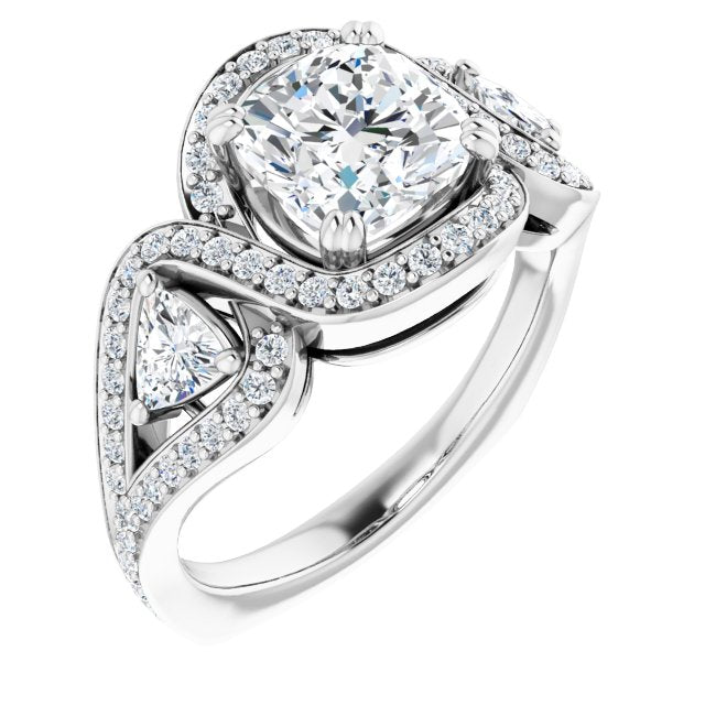 Cubic Zirconia Engagement Ring- The Ana Miranda (Customizable Cushion Cut Center with Twin Trillion Accents, Twisting Shared Prong Split Band, and Halo)